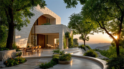 Modern Architectural Elegance: A contemporary masterpiece merges seamlessly with its natural surroundings, showcasing a stunning architectural design with a seamless blend of elegance, comfort.