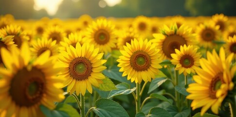 Obraz premium Row upon row of bright orange and yellow sunflowers swaying gently in breeze , colorful, countryside, flowers