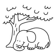 A simple, clear, and distinct line illustration of a happy elephant sleeping under a tree.