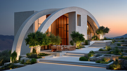 Luxury Villa at Sunset: A stunning modern villa with a unique curved architectural design is showcased at sunset, featuring a spacious patio and lush landscaping.