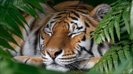 Silent Tiger in Green Sanctuary: A majestic tiger finds serenity amongst the lush, verdant foliage, its eyes closed in peaceful repose, embodying the tranquil beauty of the wild.