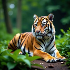 Fototapeta premium Tiger lies motionless amidst ferns and foliage, tropical, camouflage, green