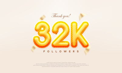 Yellow gold number 32k thanks to followers, modern and premium vector design.