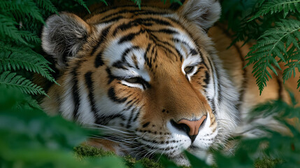 Obraz premium Tiger Amidst the Foliage: A majestic tiger finds respite in nature's embrace, eyes closed in serene rest amid verdant leaves, exhibiting its natural pattern. 