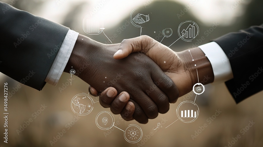 Poster diverse team members shaking hands in a tech collaboration setting