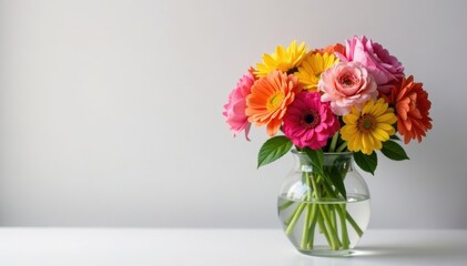 Vibrant flowers arranged in a delicate glass vase, arrangement, arrangement, vase