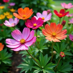 Vibrant cosmos flower blossoms in a lush garden, surrounded by greenery and vibrant hues, floral, flowers, garden scene