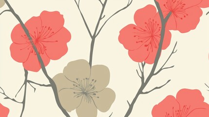 Floral pattern with peach blossoms.  Pale background,  muted colors