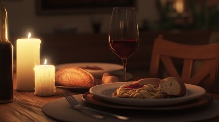 Fototapeta premium Romantic Dinner: Candlelight, Pasta, and Wine