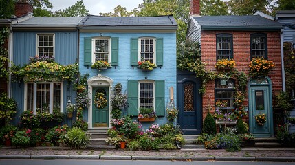 Fototapeta premium Charming row of colorful houses adorned with flowers and greenery in a picturesque neighborhood