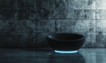 Futuristic bowl on dark floor, concrete wall background, product display