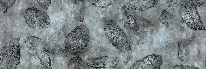 Textured vintage wallpaper with gray leaf motif and cement appearance - Seamless , pattern , background , tile