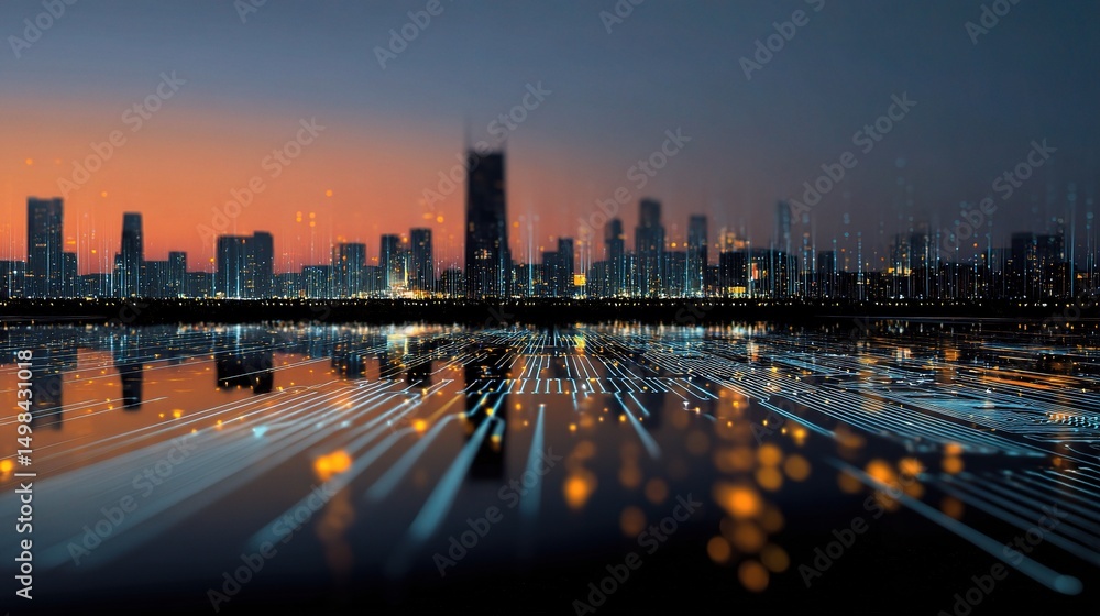 Poster abstract circuit pattern blending with dusk skyline reflection