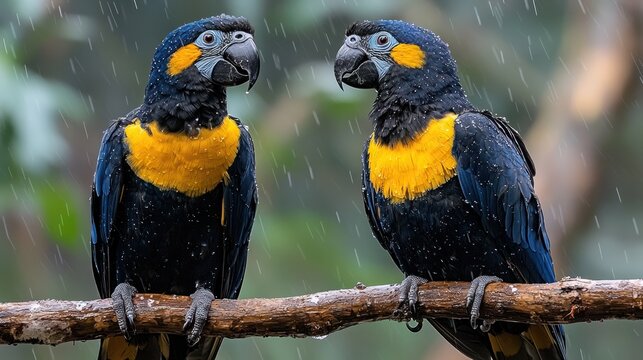 Two vibrant blue and gold macaws perched on a branch during a light rain