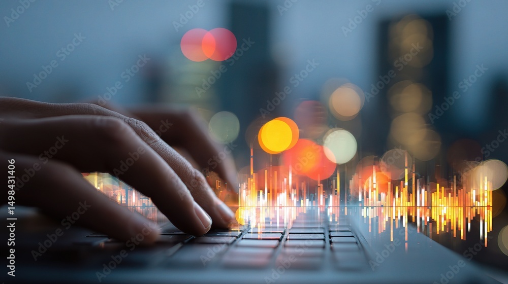 Poster female hands typing on keyboard with data visualization overlay