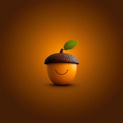 Cheerful acorn character with a smiling face and green leaf on a warm orange background