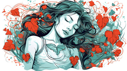 Abstract Illustration of a Serene Sleeping Girl with Thorned Heart and Leaves