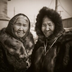 Portrait of Two Elderly Indigenous Women in Traditional Fur Clothing.