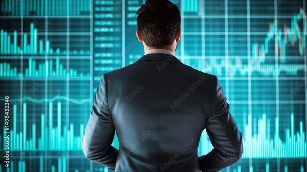 Aufkleber a man in a suit standing with his back to the viewer, looking at a large digital display filled with