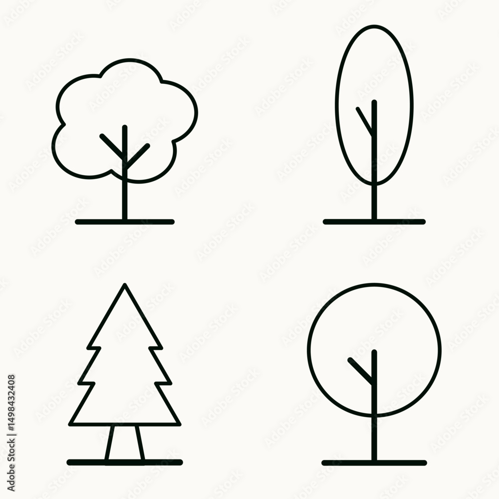 Aufkleber set of simple geometric tree symbols in clean linear style for eco design and nature themes