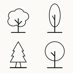 Set of simple geometric tree symbols in clean linear style for eco design and nature themes