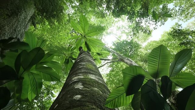 Bottom up view of large green trees with sun shines through the leaves 4k