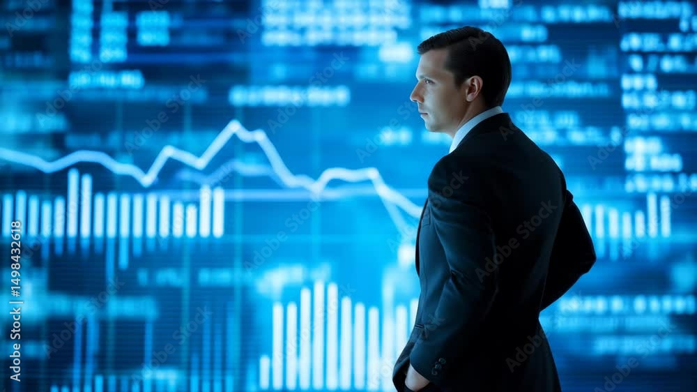 Poster a man in a suit standing in profile, looking at a large digital display filled with stock market cha