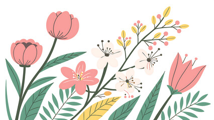 A vector illustration of a springtime floral arrangement: tulips, daisies, cherry blossoms, and green leaves. Flat design style with pastel spring colors (pinks, greens, yellows).