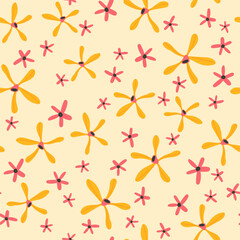 Bold positive and bright floral seamless pattern, hand drawn background with funny naive flowers, textile or fabric print vector illustration