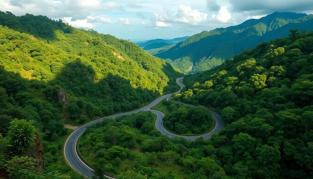 Long winding road curves through lush valley, connecting rainforest and hill forest in northern Thailand, journey,  winding path