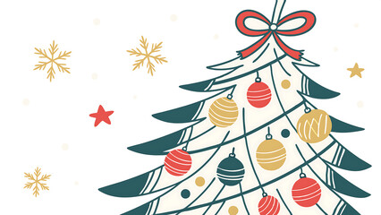 A vector illustration of a decorated Christmas tree with colorful ornaments (baubles, stars, ribbons) in a flat design style. Use traditional holiday colors (red, green, gold) and include subtle.