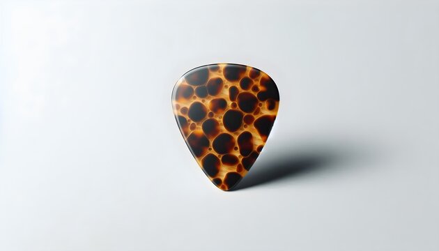 Isolated guitar pick in teardrop shape with natural tortoiseshell texture on bright white surface