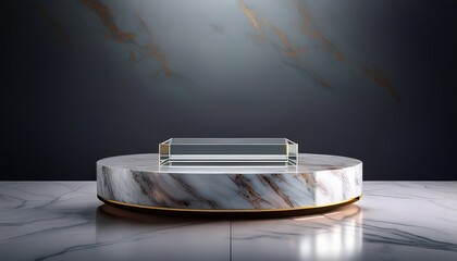 Empty product pedestal made of marble and glass in clean space-