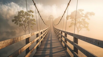 Obraz premium A wooden suspension bridge with wooden railings stretches across a valley filled with clouds, trees on the horizon, clear sky