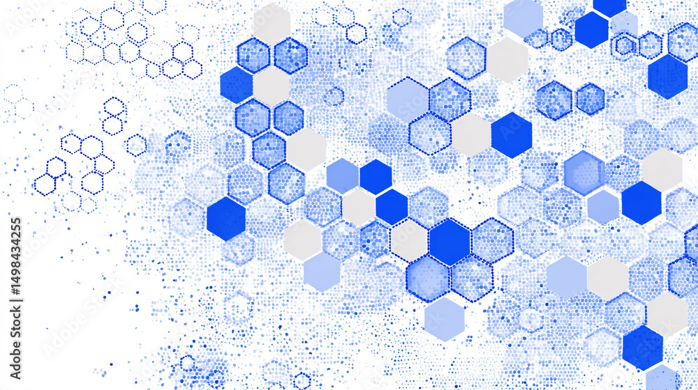 Poster this image features white graphics of blue and grey hexagons on a transparent background. this is a 