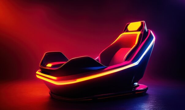 Futuristic gaming chair, neon lights, dark studio, gaming setup