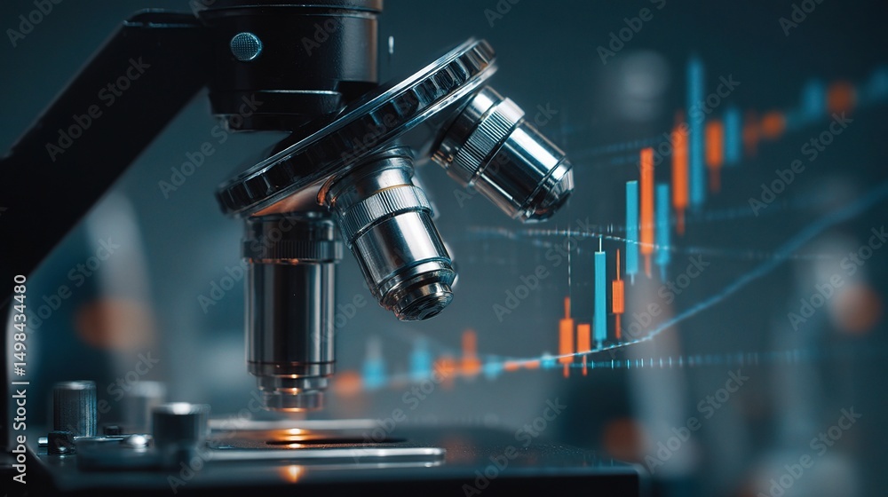 Poster researchers analyzing data with microscope and graph visualization