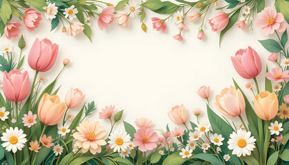 A vector illustration of a springtime floral arrangement: tulips, daisies, cherry blossoms, and green leaves. Flat design style with pastel spring colors (pinks, greens, yellows).