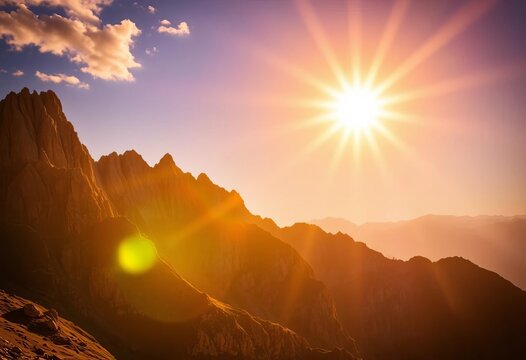 Golden sun rays cresting jagged mountain peaks, illuminating a vibrant sunrise sky, beautiful, hills
