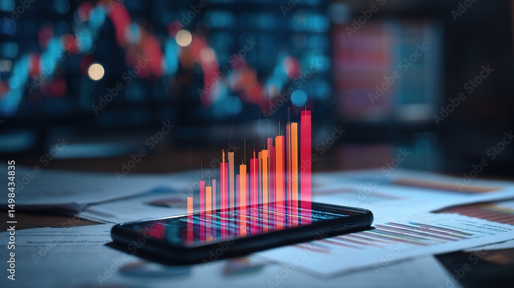 Poster mobile device displaying rising bar graphs and data analysis insights