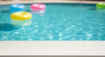 Summer Poolside Relaxation Vibrant Floating Rings and Sparkling Water