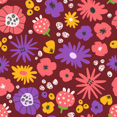 Bold positive and bright floral seamless pattern, hand drawn background with funny naive flowers, textile or fabric print vector illustration