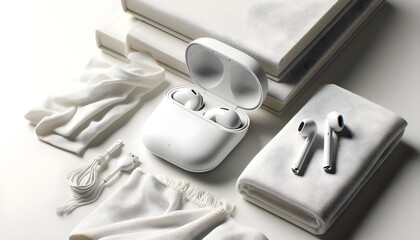 White glossy wireless earbud case opened beside fabric and book arranged on monochrome light-toned surface for product display