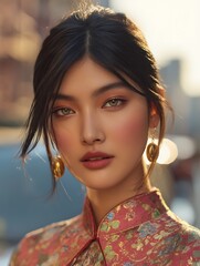 Portrait of a Young Woman in Traditional Asian Clothing. A close up image showcasing intricate details and warm lighting.