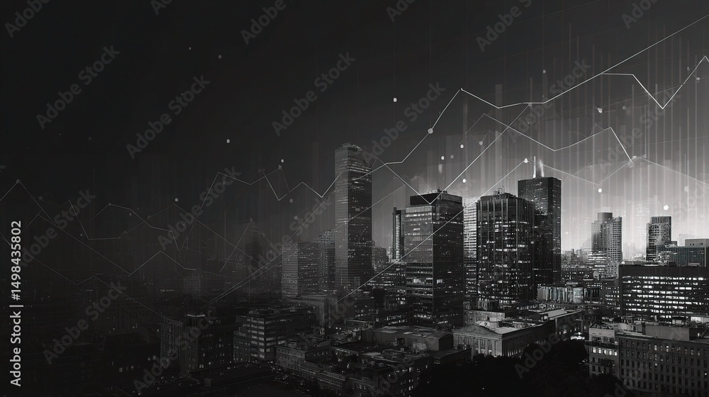 Aufkleber urban skyline with graphs and data visualization in black and white