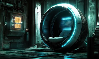 Futuristic pod chair in a grunge sci-fi room