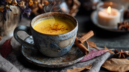 Golden turmeric latte with cinnamon and ginger in cozy autumn setting with candle (AI Image)