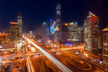 Fototapeta premium The night view of the city landscape in Beijing. Guomao CBD night view in Beijing, China
