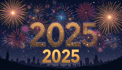 A vector illustration of New Year’s Eve fireworks bursting in the night sky over a city silhouette or with the numbers '2025' (or generic year) in gold. Flat design style with vibrant fireworks.