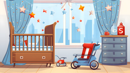 Stroller, Cubes Games, and Flags for Bedroom Decoration - Fun and Educational Kids Room Decor
